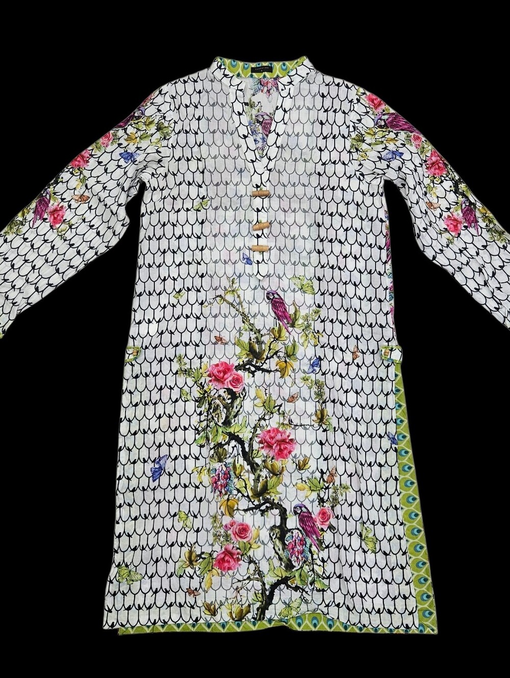 Sapphire India Pakistani Kurti Tunic Dress Birds Floral Cotton Boho Resort Sz S